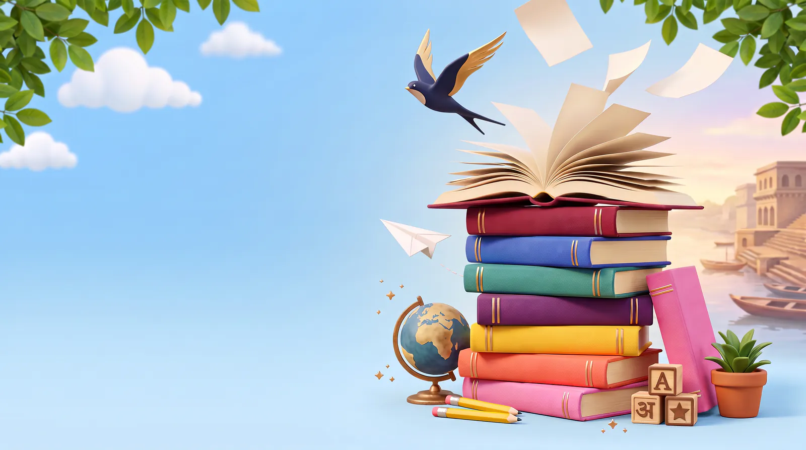 Illustration: a tall stack of colourful books topped by an open book with pages fluttering up, a navy-and-gold swift in flight, a small globe, pencils, wooden blocks showing A, अ and a star and a potted plant, with riverside steps and boats in the distance under a bright sky framed by leafy branches.